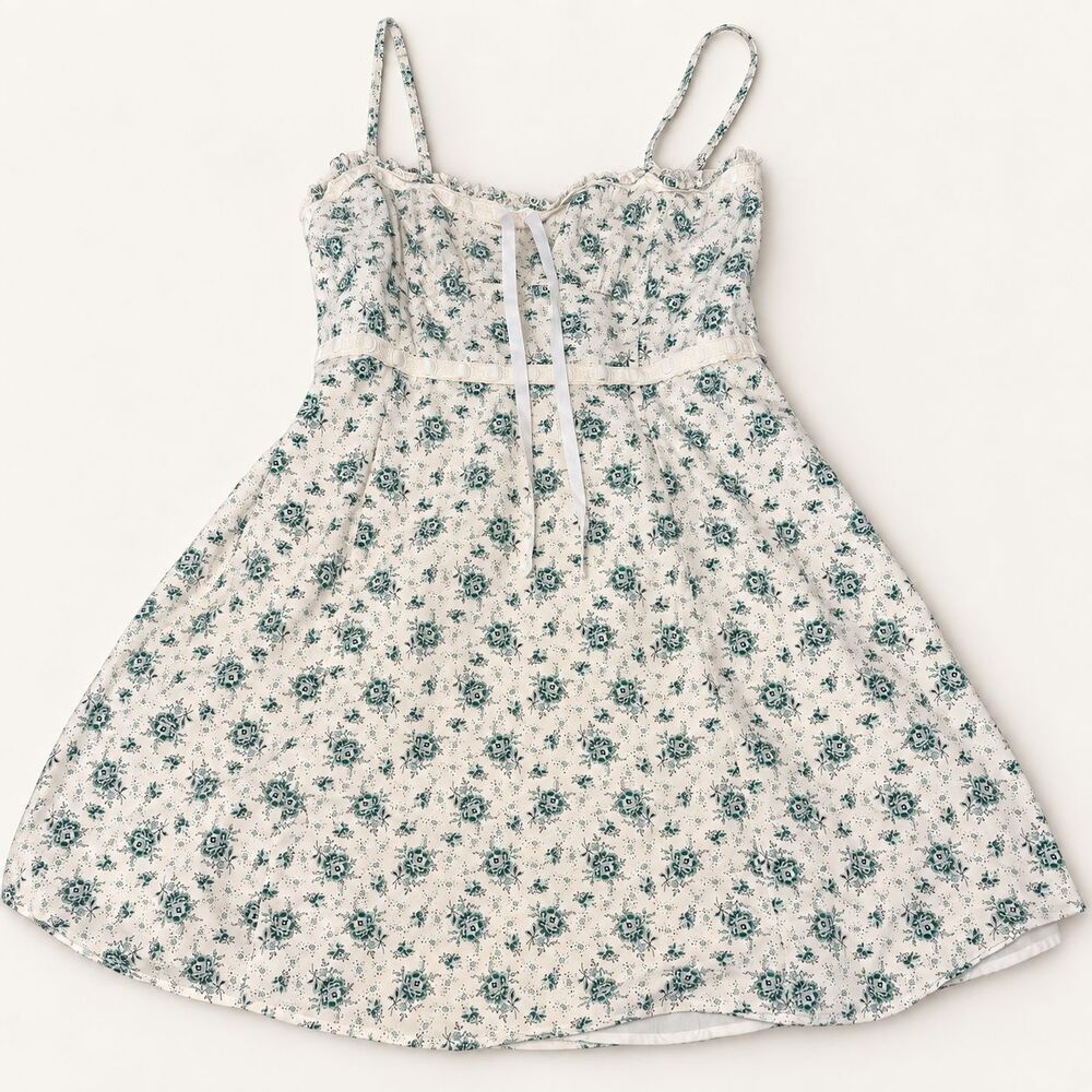 American Eagle Floral Spaghetti Strap Sundress Tie Front White Green M
